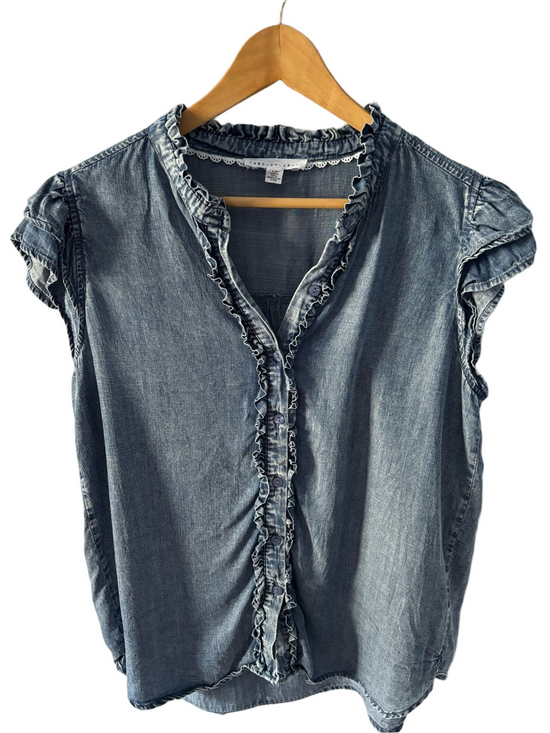 Jane and Delancey Tops - Jane + Delancey Ruffled Denim Chambray Button-Front V-Neck Top Size L Lyocell